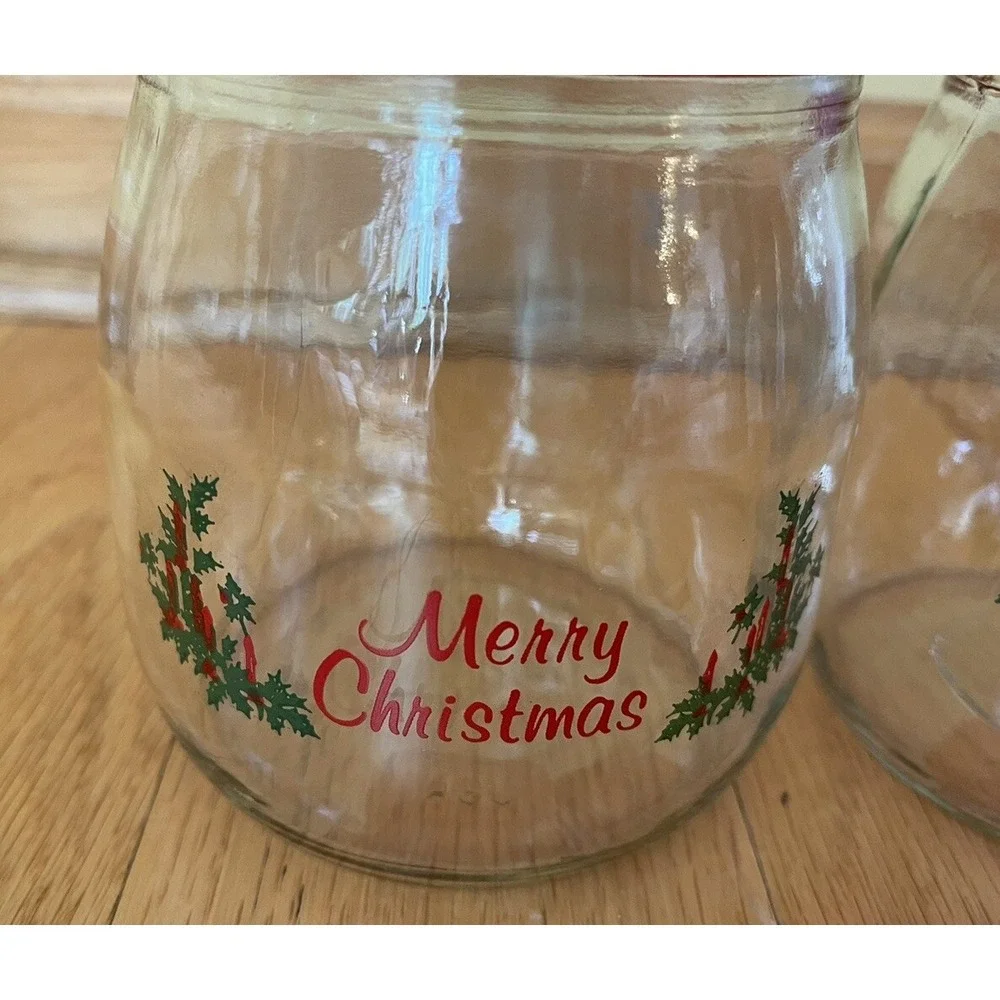 Vtg Carlton Glass Canister Jar Red Lid Merry Christmas Design 3/4 L Set Of 2